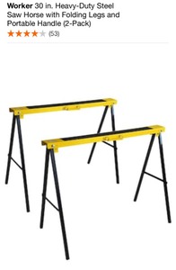 lot 49 image: WORKER 30 IN. HEAVY-DUTY STEEL SAW HORSE WITH FOLDING LEGS AND PORTABLE HANDLE (2-PACK). SEE PICTURES