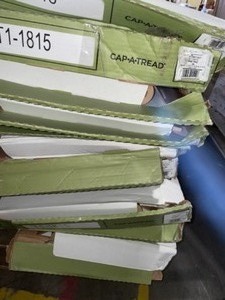lot 54 image: 14 CASES WITH Cap A Tread Vintage Tobacco Oak 47 in. Length x 12-18 in. Deep x 1-1116 in. Height Laminate to Cover Stairs 1 in. Thick