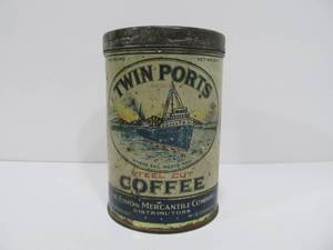 lot 11 image: Antique TWIN PORTS Steel Cut 1lb Coffee Can - Ship Graphics - Duluth & Superior WI