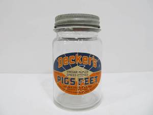 lot 13 image: Vintage Deckers PIGS FEET Embossed Glass Paper Label Jar