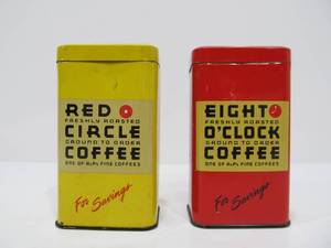 lot 25 image: Old Vintage A&ampP Coffee Advertising Tin Coin Banks