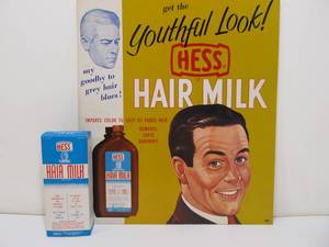 lot 29 image: Original Vintage 1950s Hess Hair Milk Barber Shop Poster wBottle 