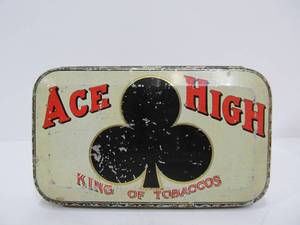 lot 43 image: Orig Vintage ACE HIGH Pocket Tobacco Tin wPlaying Card Graphics