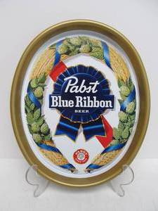 lot 53 image: Large Vintage Metal Pabst Blue Ribbon PBR Oval Beer Tray