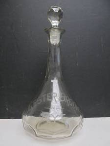 lot 175 image: Antique Pre-Prohibition LESTER BROOK Rye Whiskey Etched Glass Backbar Bottle wStopper