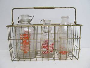 lot 202 image: Vintage Bottle Carrying Rack wOld Dairy Bottles