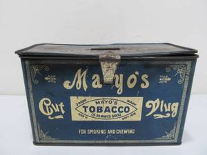 lot 204 image: Orig Antique MAYOS CUT PLUG Larger Size Tobacco Tin