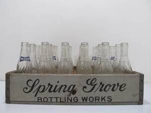 lot 208 image: Vintage 1940s Era Spring Grove Wooden Advertising Soda Crate FULL w24 Mission Soda Bottles