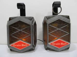 lot 216 image: Matching Pair of Vintage GRAIN BELT Stained Glass Style Beer Display Sconce Lamps