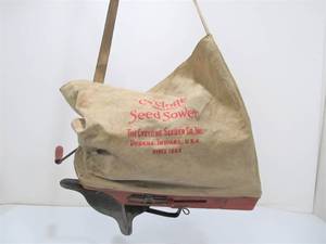 lot 227 image: Vintage Cyclone Seed Sower Hand Crank Seed Spreader Urbana, Indiana U.S.A.