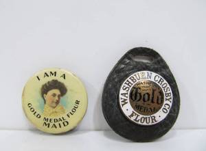 lot 47 image: Antique Washburn Crosby Minneapolis GOLD MEDAL Flour Early Pinback & Watch Fob