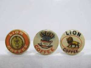 lot 49 image: 3 Antique LION Brand Coffee Advertising Pinbacks