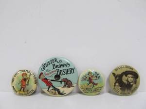 lot 50 image: Nice Lot of Antique BUSTER BROWN Shoe & Hosiery Advertising Pinbacks Buttons & Spinning Toy 