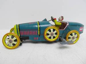 lot 107 image: Vintage 80s Tin Litho BUGATTI I-970 Windup Toy Race Car