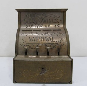 lot 193 image: Rare 1880s Your Savings National Cash Register Cast Iron Mechanical Bank wKey