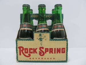 lot 132 image: NOS Vintage 1950s ROCK SPRINGS Sparkling Water Soda Full Bottles wOriginal 6 Pack Case