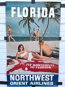 lot 247 image: Vintage 1960s Northwest Orient Airlines FLORIDA Travel Poster