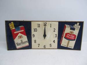 lot 229 image: Very Cool Vintage 1950s Large Metal Phillip Morris & MARLBORO Cigarettes Advertising Clock Sign