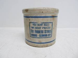 lot 237 image: Antique RED WING Stoneware Advertising Beater Jar - Farmers Stores 