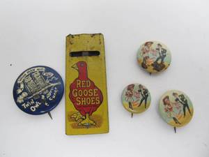 lot 144 image: Group of Antique Shoe Advertising Buttons Pinbacks & Tin Whistle
