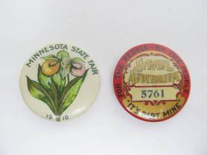 lot 148 image: Antique 1910 MN STATE FAIR Pinback & Saint Paul Auditorium