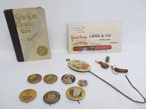 lot 155 image: Great Lot of Antique General Store etc Food Advertising Pinbacks Premiums etc