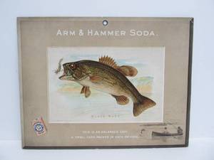 lot 158 image: Early 1900s ARM & HAMMER Baking Soda Church & Co Fish Series BLACK BASS Trading Cards Store Display Sign