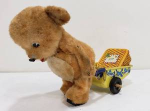 lot 255 image: Vintage Mechanical Toy Bear Pulling Gift Cart Japan