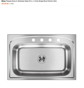 lot 34 image: ELKAY PERGOLA DROP-IN STAINLES STEEL 33 IN. 4-HOLE SINGLE BOWL KITCHEN SINK. SEE PICTURES