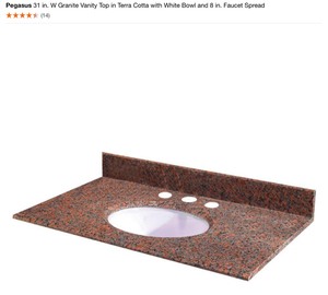 lot 54 image: PEGASUS 31 IN. W GRANITE VANITY TOP IN TERRA COTTA WITH WHITE BOWL AND 8 IN. FAUCET SPREAD. SEE PICTURES