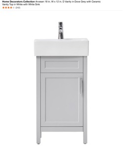 lot 60 image: HOME DECORATORS COLLECTION ARVESEN 18 IN. W X 12 IN. D VANITY IN DOVE GREY WITH CERAMIC VANITY TOP IN WHITE WITH WHITE SINK. SEE PICTURES