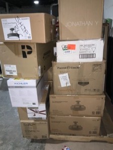 lot 78 image: PALLET OF ASSORTED LIGHTING AND CEILING FANS. VARIOUS CONDITIONS. SEE PICTURES