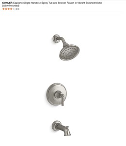 lot 1 image: KOHLER CAPILANO SINGLE-HANDLE 3-SPRAY TUB AND SHOWER FAUCET IN VIBRANT BRUSHED NICKEL (VALVE INCLUDED). SEE PICTURES