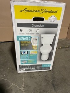 lot 23 image: AMERICAN STANDARD CHAMPION TALL HEIGHT 2-PIECE HIGH-EFFICIENCY 1.28 GPF SINGLE FLUSH ROUND FRONT TOILET IN WHITE SEAT INCLUDED. SEE PICTURES