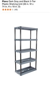 lot 29 image: PLANO DARK GRAY AND BLACK 5-TIER PLASTIC SHELVING UNIT (36 IN. W X 74 IN. H X 18 IN. D). SEE PICTURES