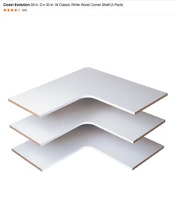 lot 70 image: CLOSET EVOLUTION 30 IN. D X 30 IN. W CLASSIC WHITE WOOD CORNER SHELF (3-PACK). SEE PICTURES