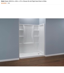lot 75 image: DELTA CLASSIC 400 32 IN. X 60 IN. X 72 IN. SHOWER KIT WITH RIGHT HAND DRAIN IN WHITE. SEE PICTURES