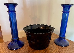lot 272 image: Obsidian Bowl and a Pair of Cobalt Blue Candlesticks
