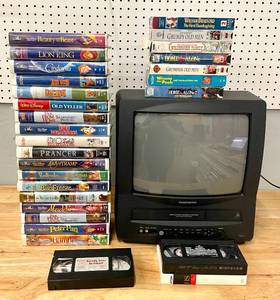 lot 6 image: VCR TV Combo with MANY Disney VHS Tapes