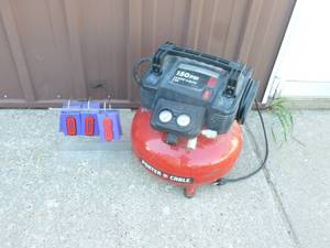 lot 8 image: Porter Cable 6 gal pancake compressor. Looks lightly used. Tested & works. As shown.