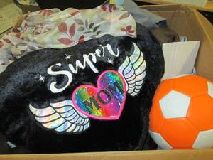 box of curtians , bedding soccer ba...