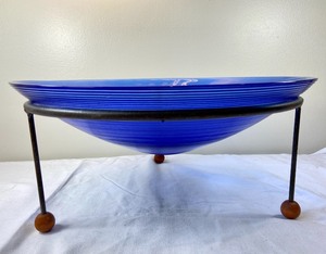 lot 9 image: Large Cobalt Blue Glass Serving Bowl on Iron Footed Base