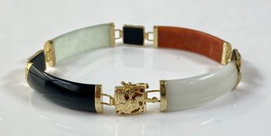 lot 18 image: Vintage 14k Gold Segment Multicolor Jade Bracelet w Dragon Motif