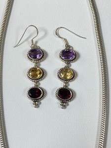lot 19 image: Sterling Silver Earrings & Pendant Necklace Set- Featuring Amethyst, Citrine & Garnet Stones