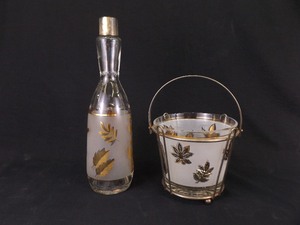 lot 8 image: Vintage Gold Leaf Glass Wine Bottle and Glass Bucket