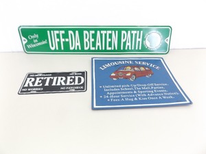 lot 49 image: 3 Retirement and Family Themed Metal Litho Signs