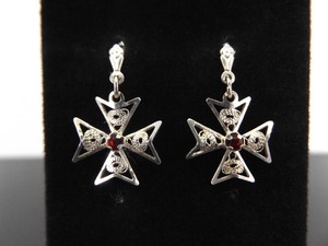 lot 62 image: .925 Sterling Silver Garnet Scrolled Maltese Cross Dangle Post Earrings