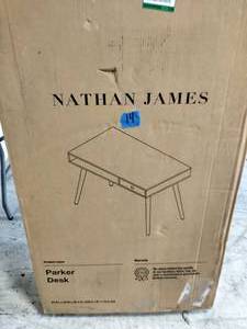 lot 14 image: Nathan james Parker 42 in. Walnut Modern Home Office Small Writing Desk for Computer or Laptop W Open Storage Cubby and Small Drawer