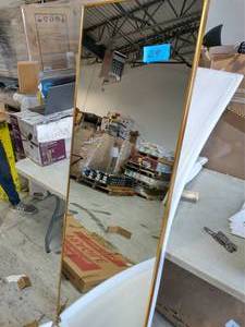 lot 24 image: 64.17 in. X 21.26 in. Modern Rectangle Oversized Gold Metal Framed Full Length Standing Mirror