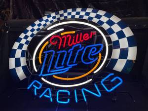 lot 8 image: Miller Lite racing neon with checkered flag background
